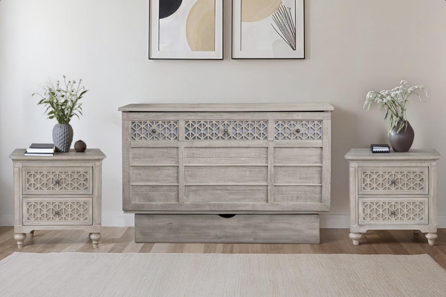 whitewash wood cabinet bed with fretwork at the top. Displayed in a room with a nightstand on either side