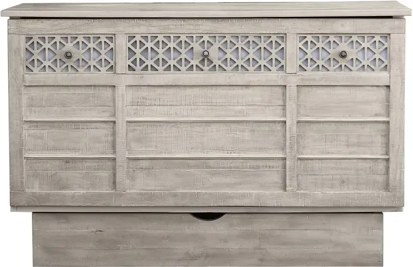 whitewash wood cabinet bed with fretwork at the top. 
