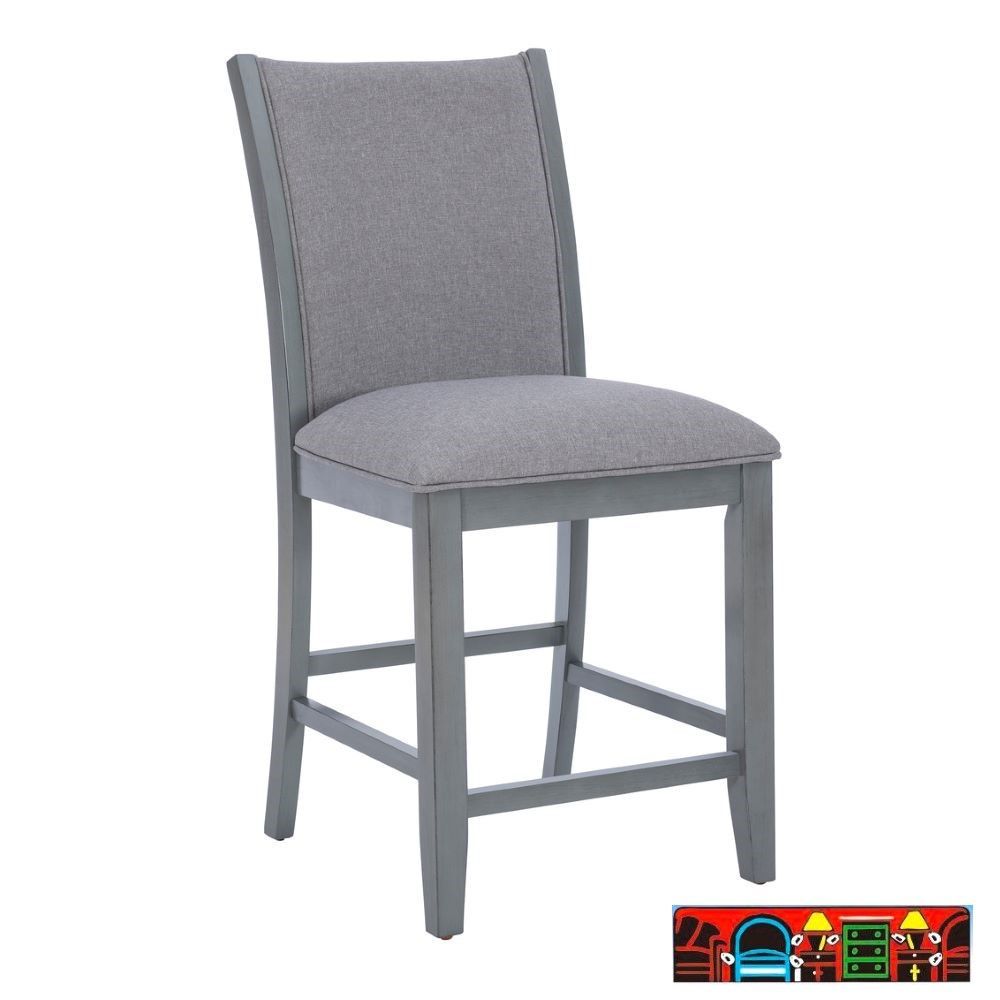 Bellevue 5-piece counter-height dining set in grey, featuring a glass top, upholstered cushions and backs, available at Bratz-CFW in Fort Myers, FL. Chair front.