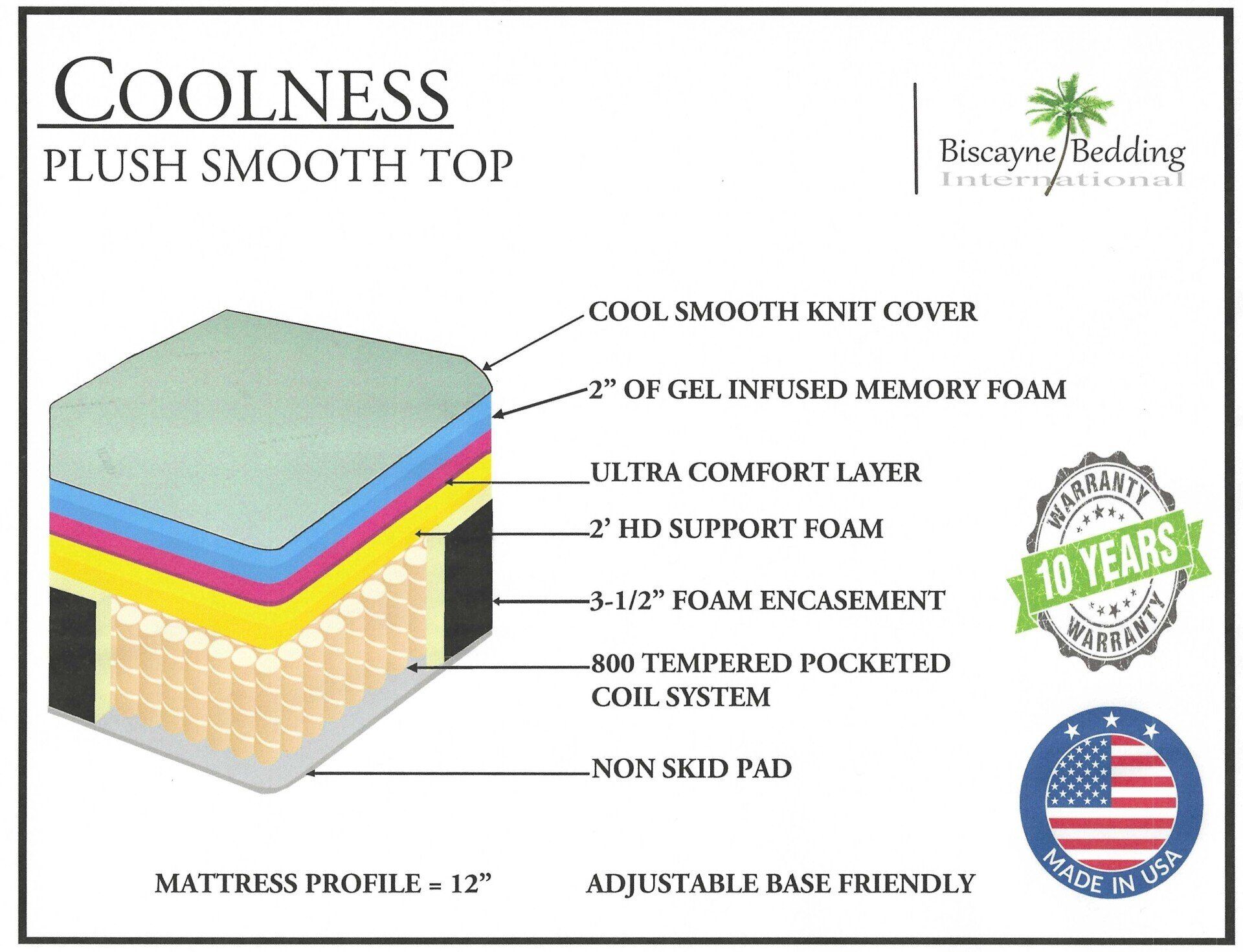 The Coolness Smooth Top mattress by Biscayne Bedding can be found at Bratz-CFW located in Fort Myers, FL. Spec sheet.