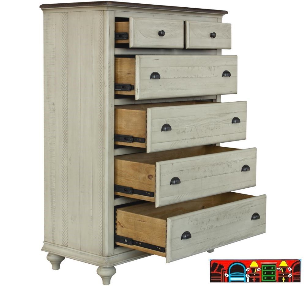 Brockton 5-Drawer Chest, crafted from solid wood, features a wheat color with a dark brown top, both exhibiting a distressed finish. It includes louver accents and contrasting metal handles. Drawers open.