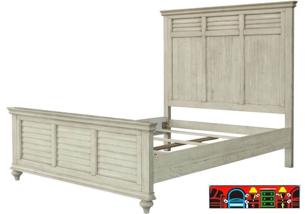 The Brockton Panel Bed features solid wood construction, a wheat color finish, and distinctive louver accents.