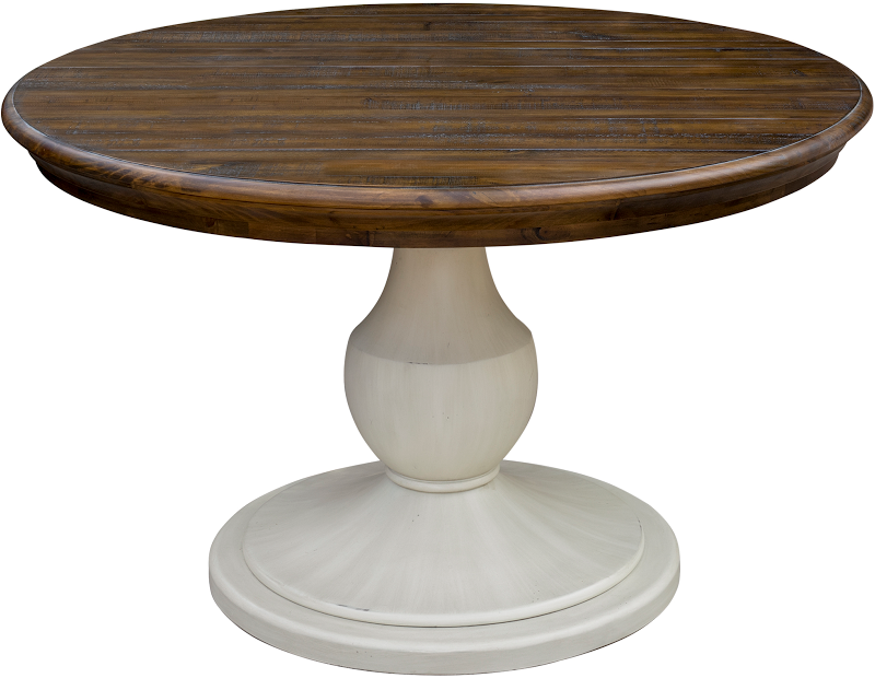 The Brockton Round Dining Table features a solid pedestal base, finished in wheat with a dark brown top. Both with a distressed look.