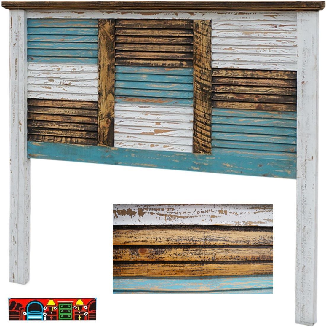 The Cabana Bedroom panel headboard is crafted from solid wood, featuring a blend of brown, white, and turquoise hues with a patchwork design of individual slats.