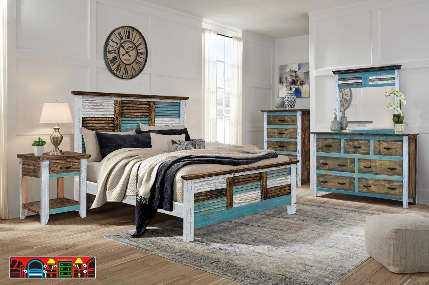 The Cabana Bedroom Group is crafted from solid wood, featuring a blend of brown, white, and turquoise hues with a patchwork design of individual slats.