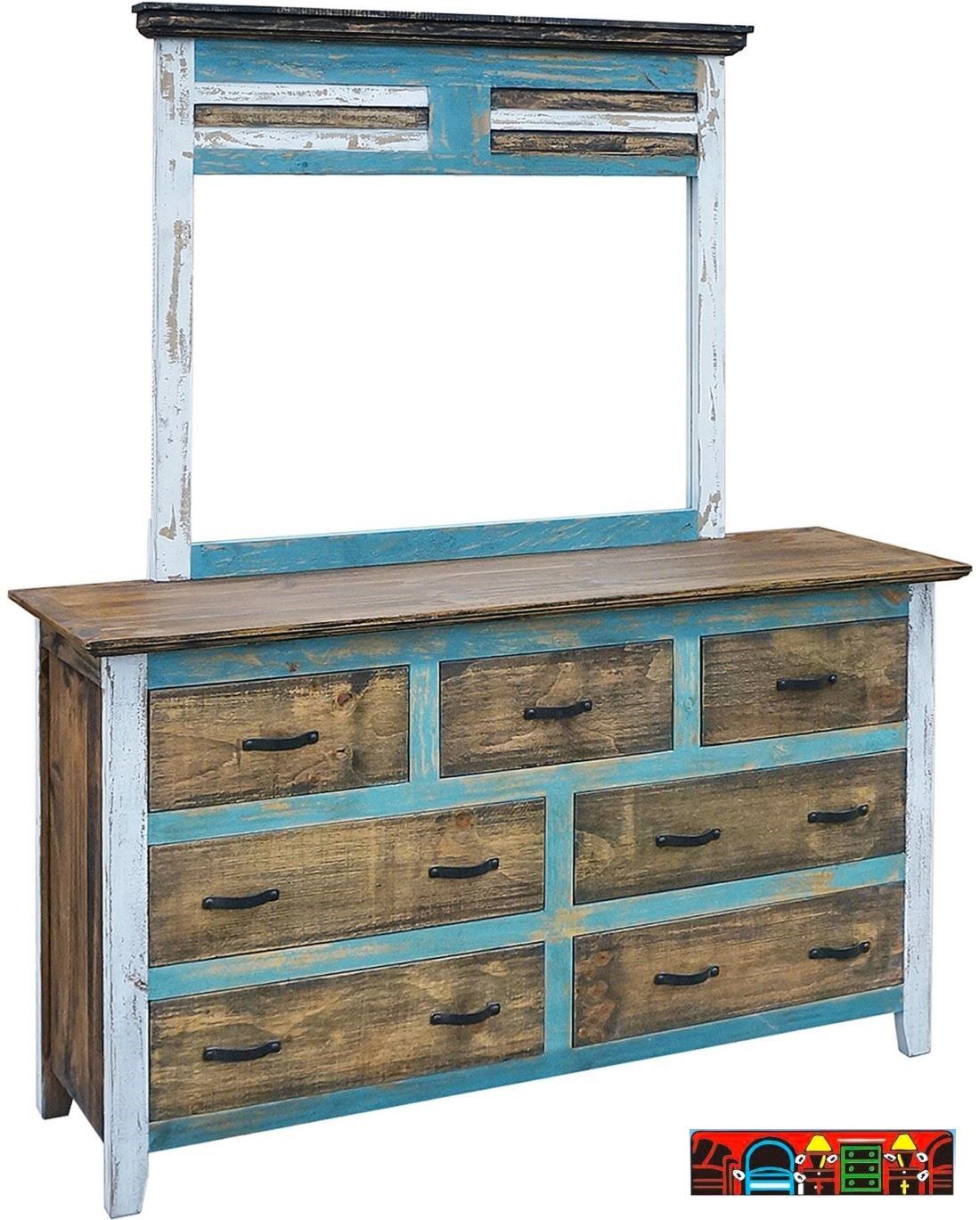 The Cabana Bedroom dresser and mirror is crafted from solid wood, featuring a blend of brown, white, and turquoise hues with seven drawers featuring curved metal handles.