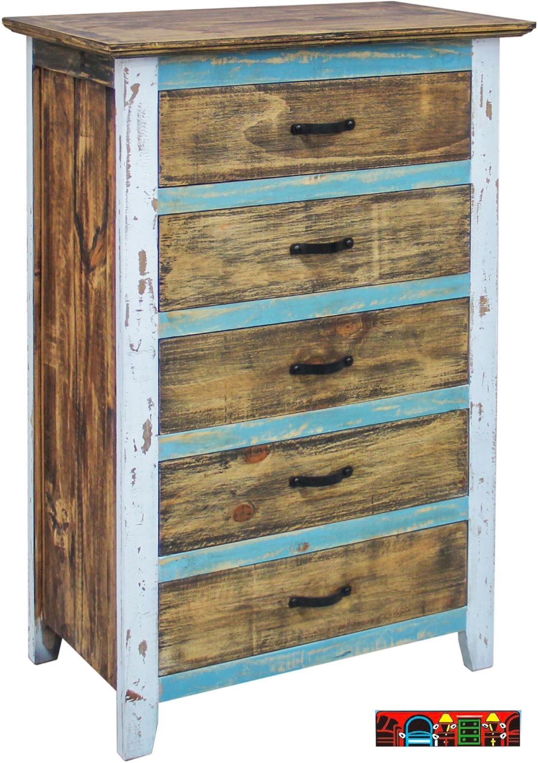 The Cabana Bedroom Chest is crafted from solid wood, featuring a blend of brown, white, and turquoise hues with five drawers featuring curved metal handles.