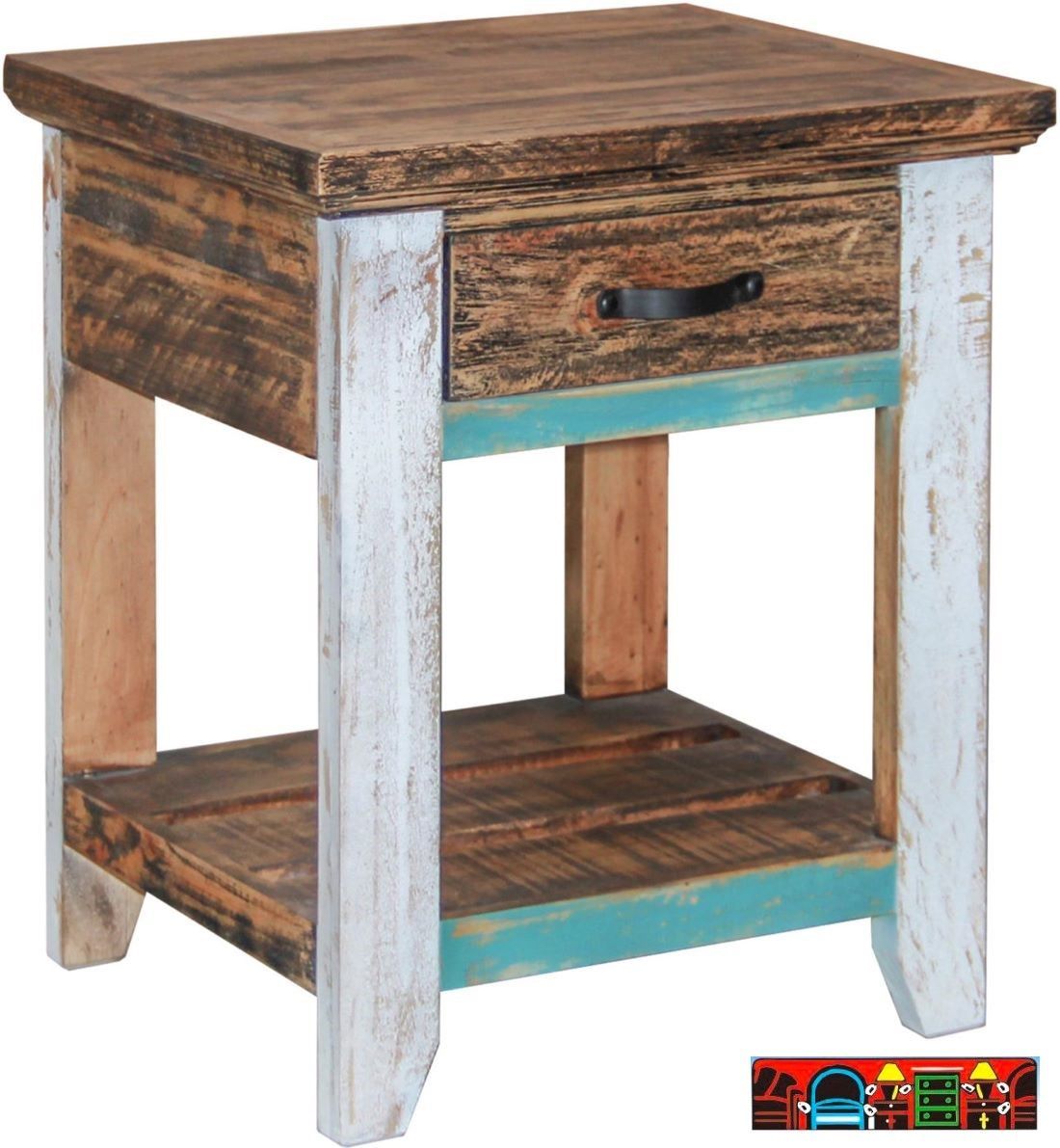 The Cabana Bedroom Nightstand is crafted from solid wood, featuring a blend of brown, white, and turquoise hues with one drawer featuring curved metal handle.