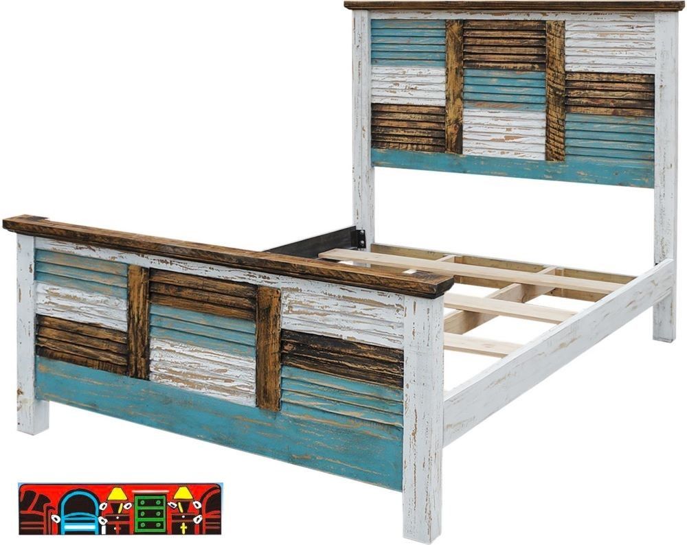 The Cabana Bedroom panel bed is crafted from solid wood, featuring a blend of brown, white, and turquoise hues with a patchwork design of individual slats.
