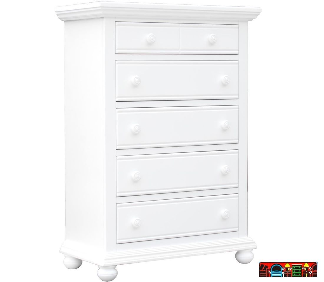 Cape Cod 5-Drawer Chest in solid wood, featuring white finish with louver accent.
