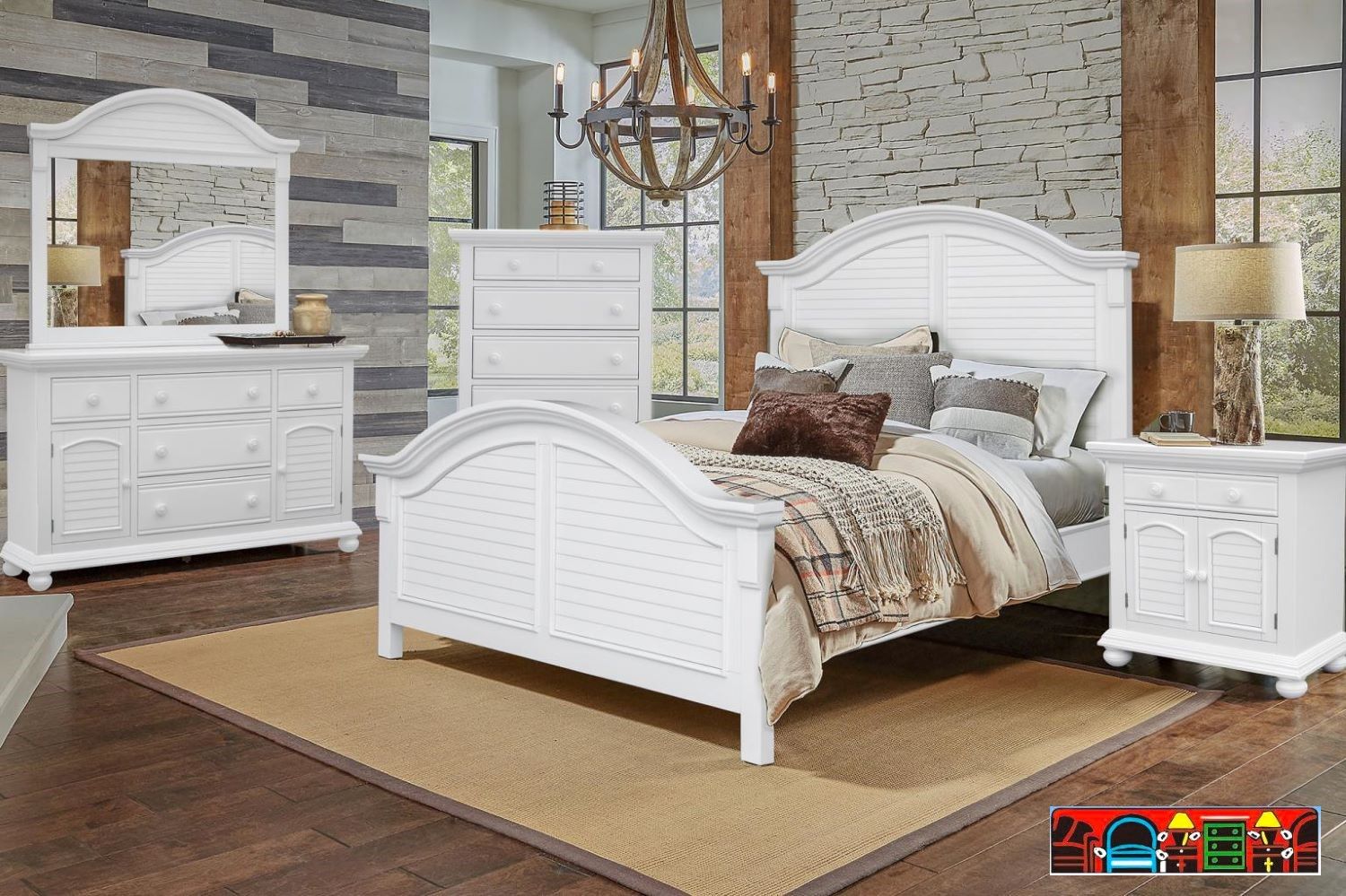 Cape Cod bedroom set in solid wood, featuring white finish with louver accents and an arched bed.