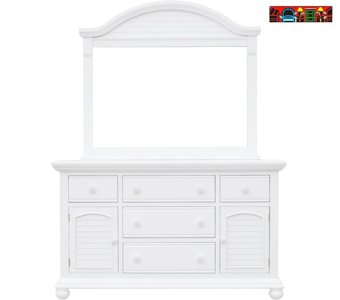 Cape Cod Dresser and mirror in solid wood, featuring white finish with louver accent.