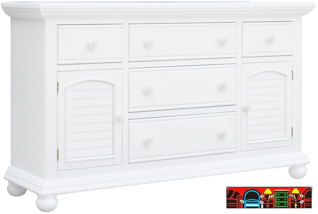 Cape Cod Dresser in solid wood, featuring white finish with louver accent.