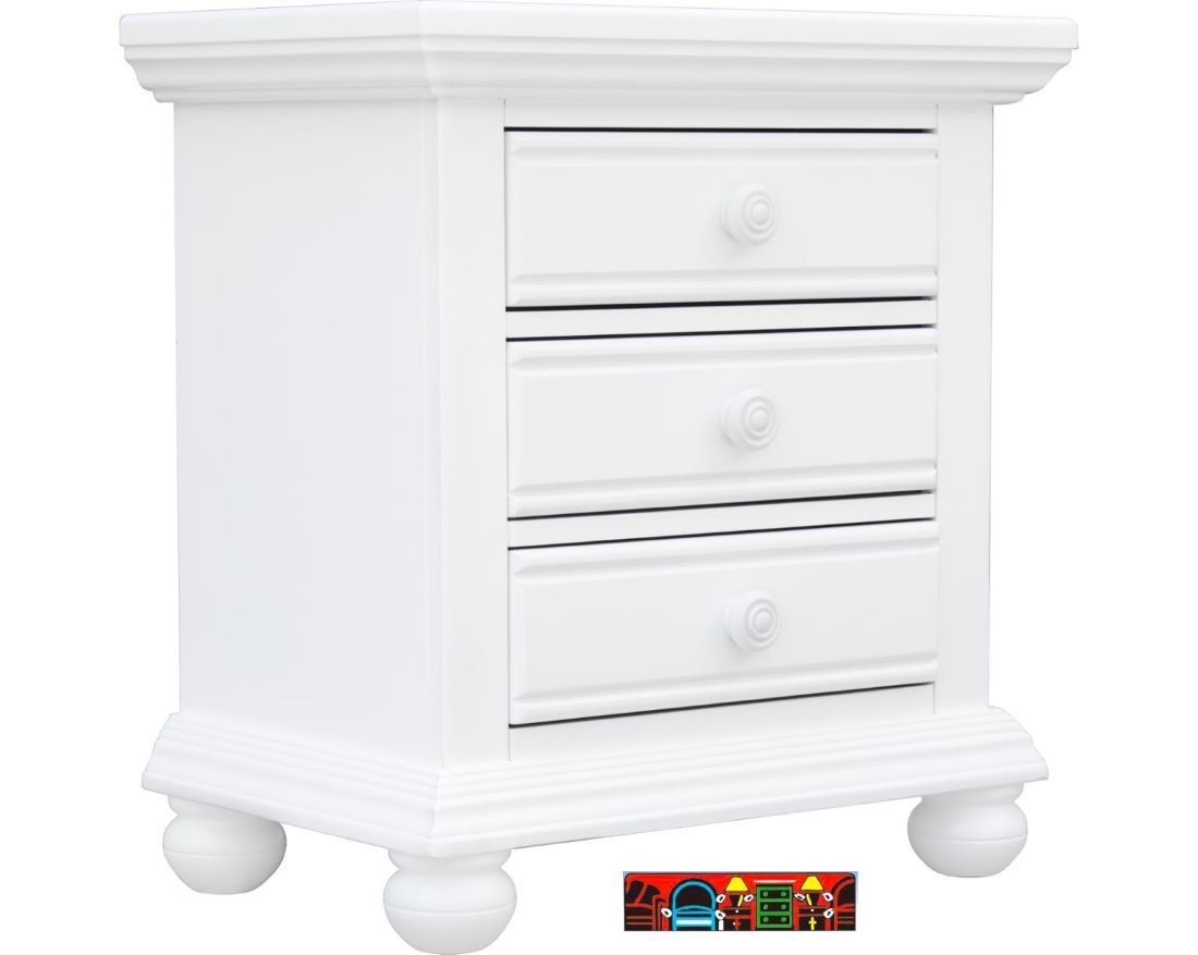 Cape Cod 3-Drawer Nightstand in solid wood, featuring white finish with louver accent.