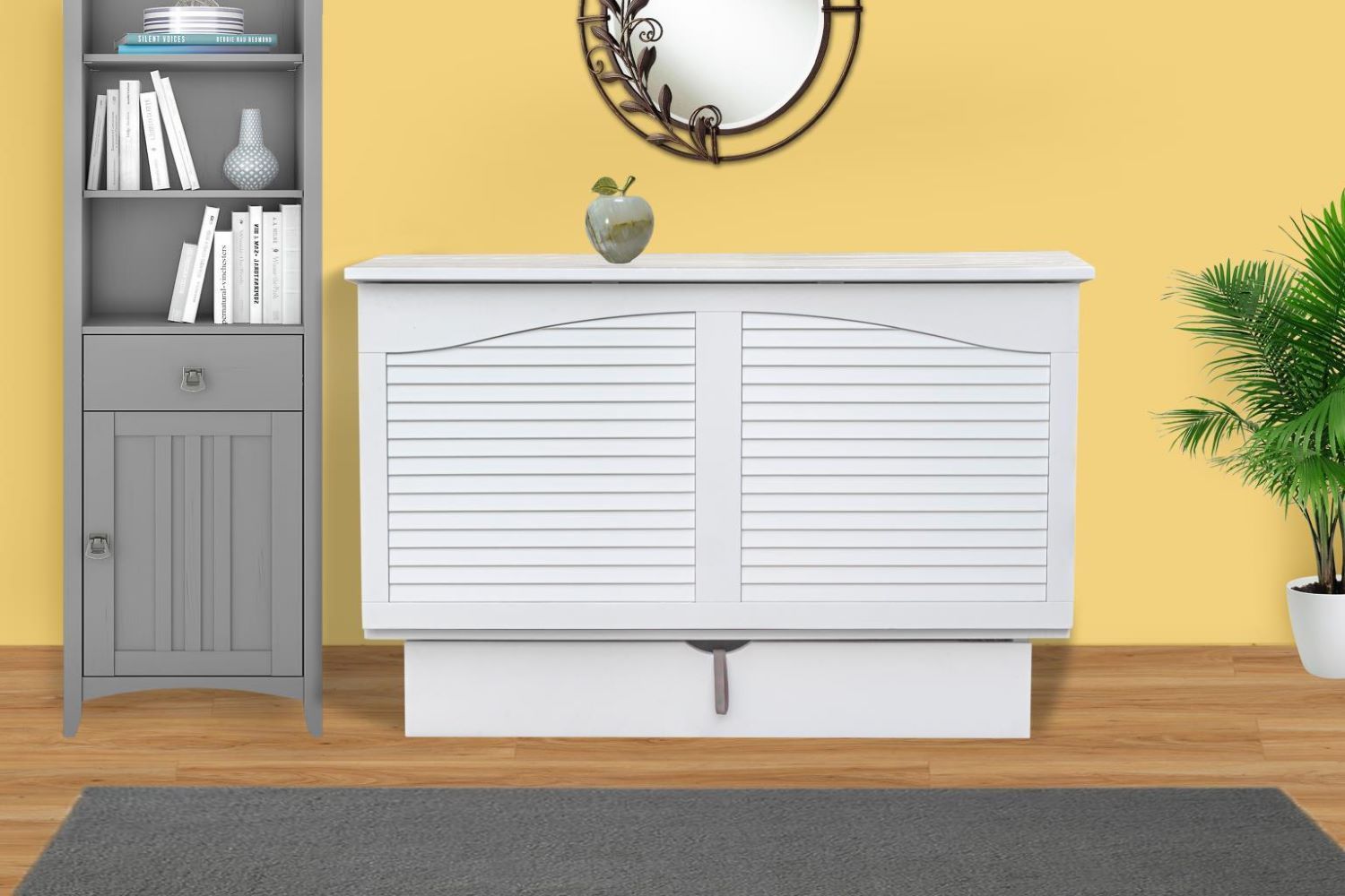 Cape Cod Sleep Cabinet in solid wood, featuring white finish with louver accent and queen size mattress.
