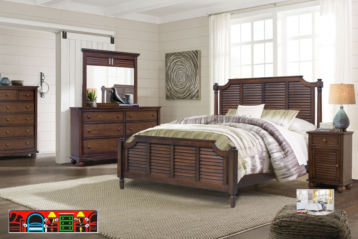 The Nantucket bedroom set, featuring solid wood in dark brown with louvers on the bed, a curved front dresser, a tall chest, and a nightstand, is available at Bratz-CFW in Fort Myers, FL.