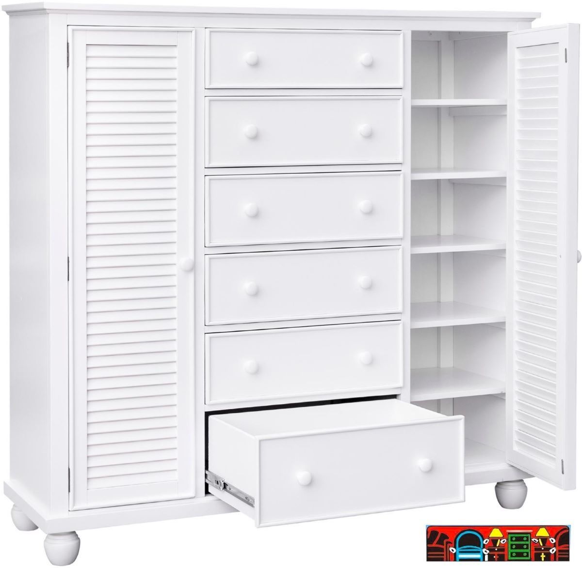 Nantucket Chifforobe in white, crafted from solid wood, featuring six drawers, two doors, and bun feet. Door open.