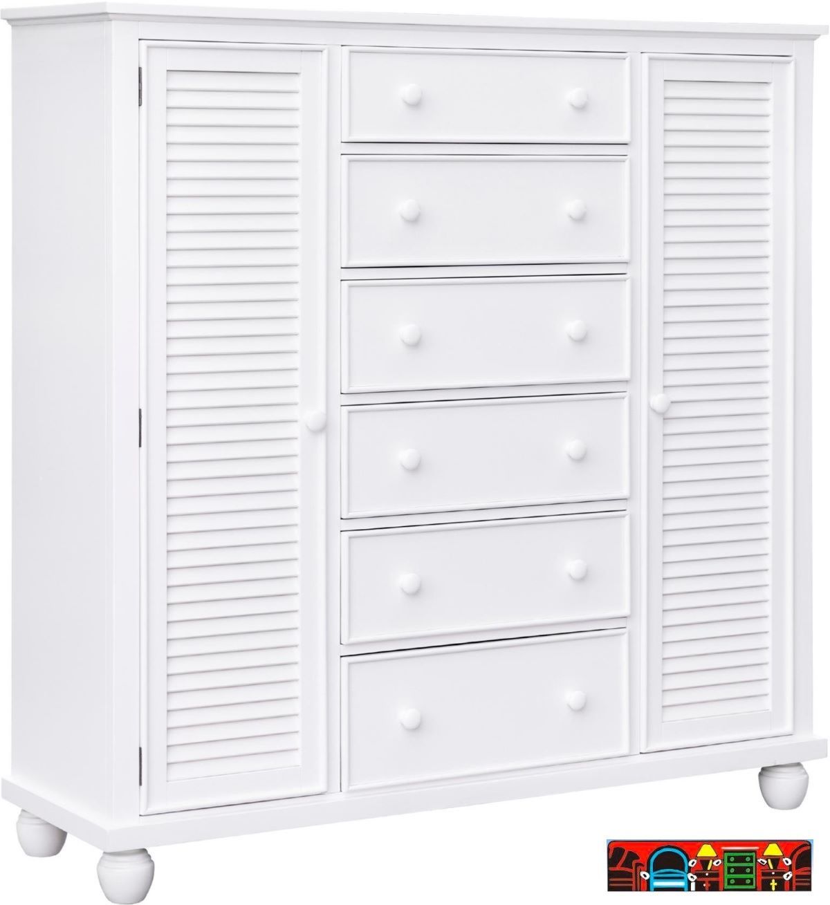 Nantucket Chifforobe in white, crafted from solid wood, featuring six drawers, two doors, and bun feet.