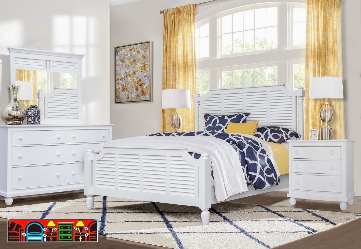Nantucket White Finish Wood Bedroom Collection with hand crafted shutters and dove tail extended drawers