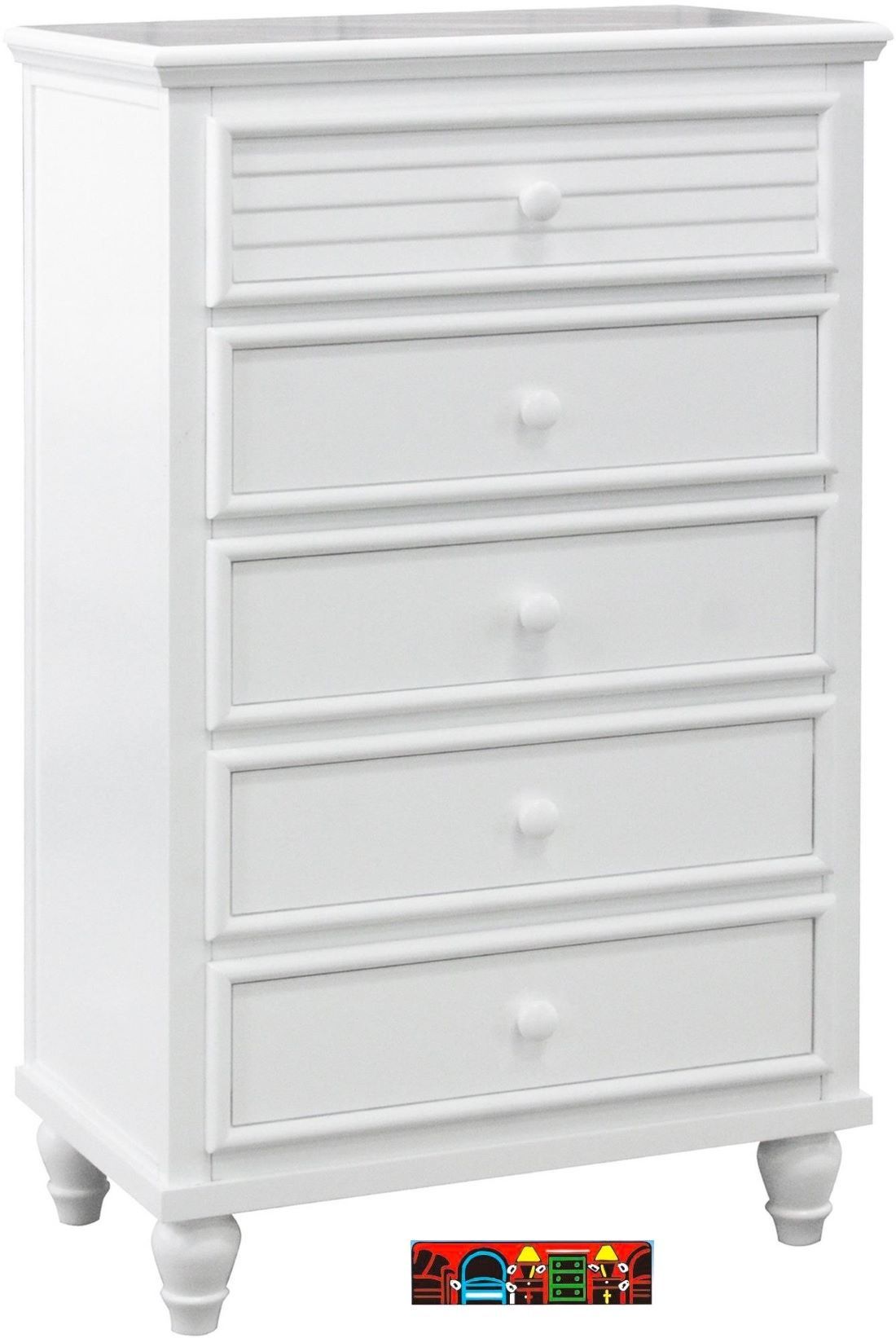 Sunset Chest, crafted from solid wood, featuring a white finish, five drawers and louver accents.