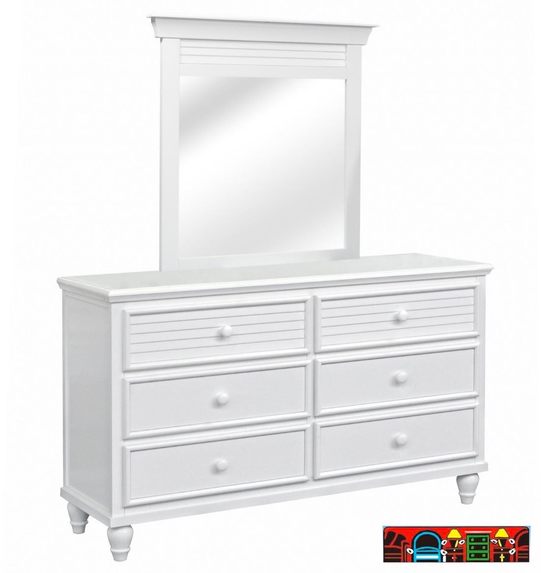 Sunset Dresser and Mirror, crafted from solid wood, featuring a white finish, six drawers and louver accents.