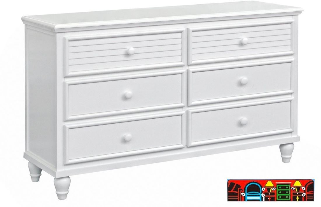 Sunset Dresser, crafted from solid wood, featuring a white finish, six drawers and louver accents.