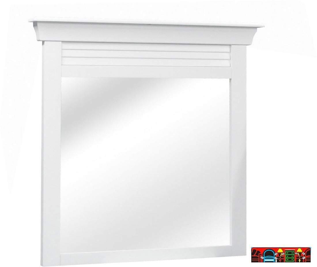 Sunset Mirror, crafted from solid wood, featuring a white finish and louver accents.