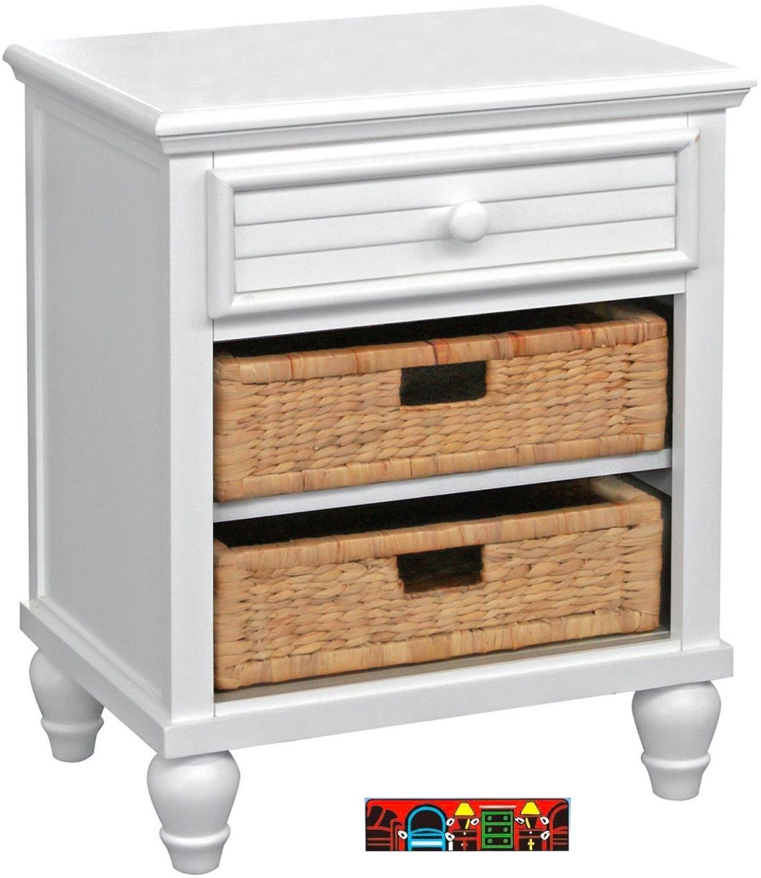Sunset Nightstand, crafted from solid wood, featuring a white finish, one drawer, two baskets and louver accents.