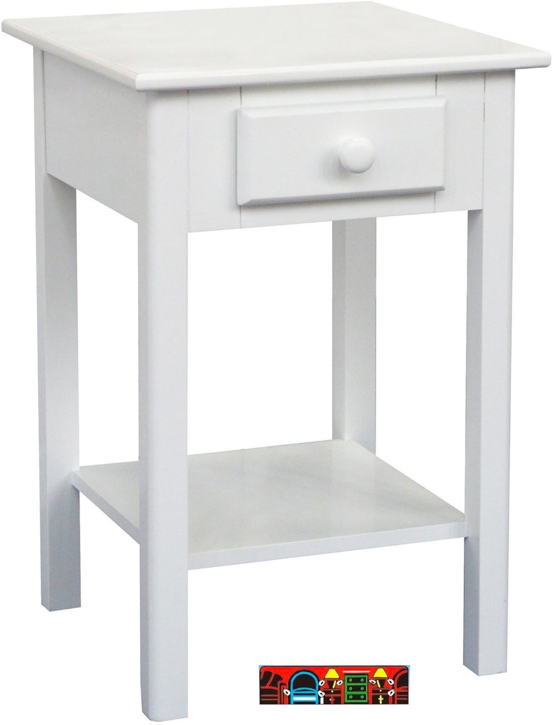 Sunset Nightstand, crafted from solid wood, featuring a white finish, one drawer and lower shelf.