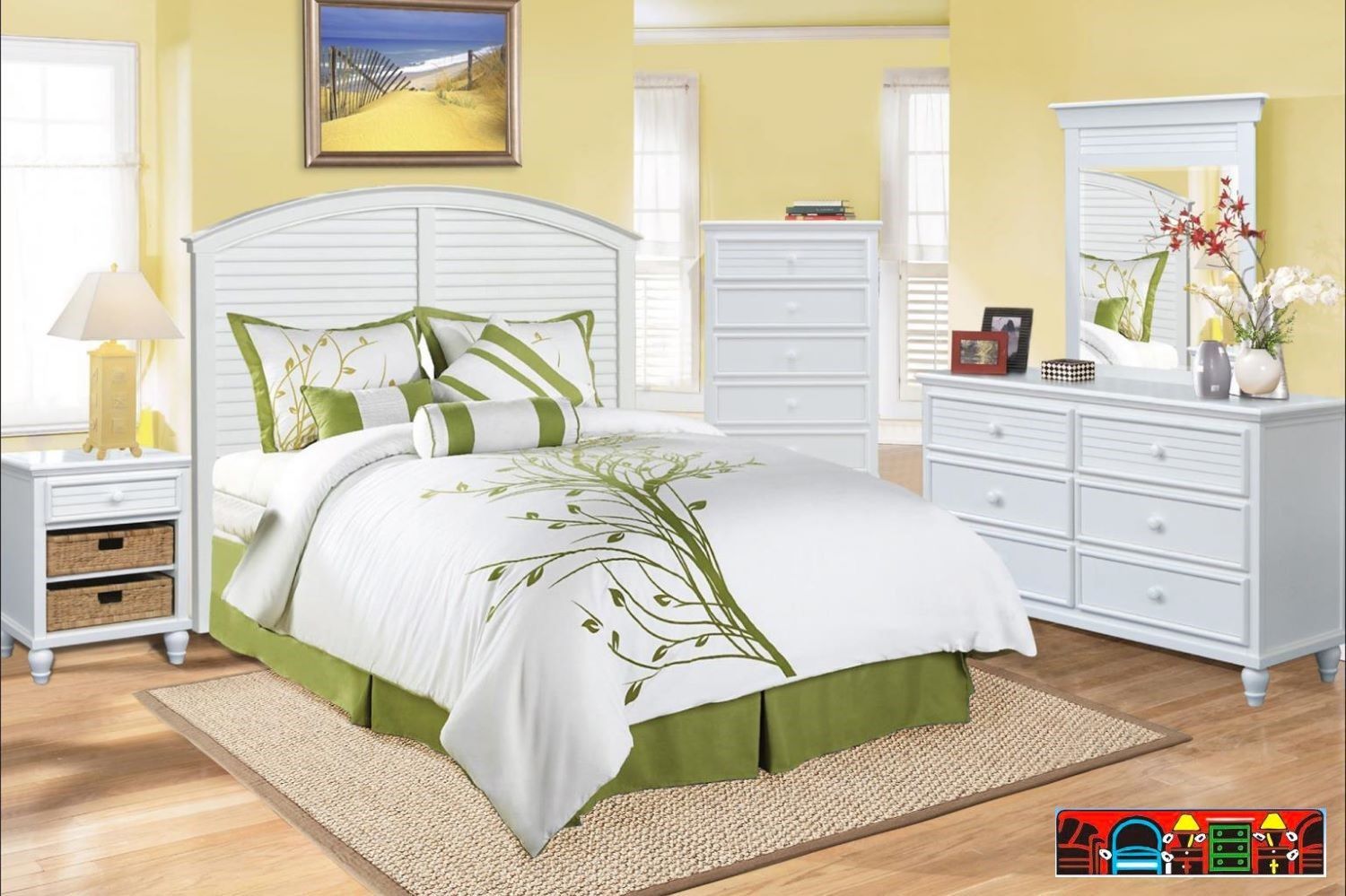 Sunset bedroom set, crafted from solid wood, featuring a white finish, an arched headboard, and louver accents.