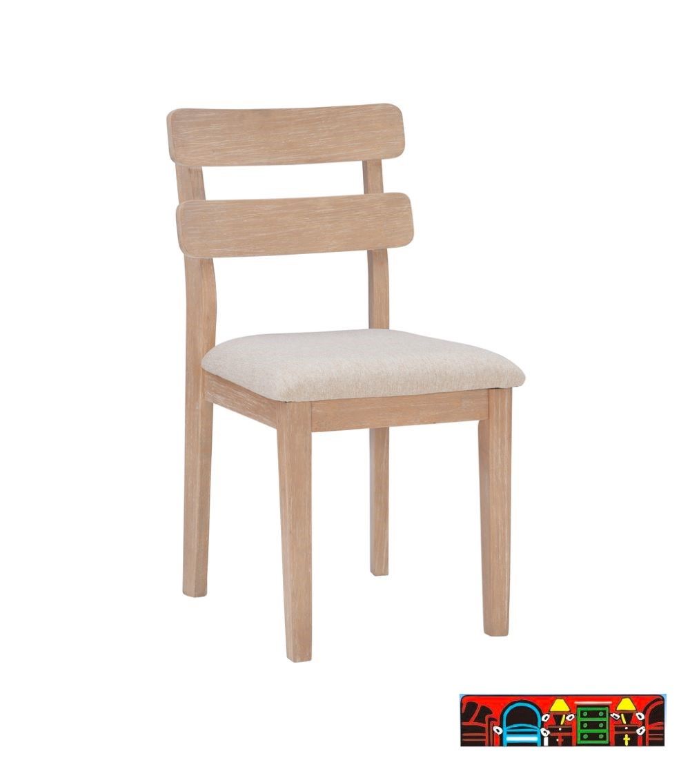 The Daly dining side chairs made of wood in a natural color, complemented by beige seat cushions. It is available at Bratz-CFW in Fort Myers, FL.
