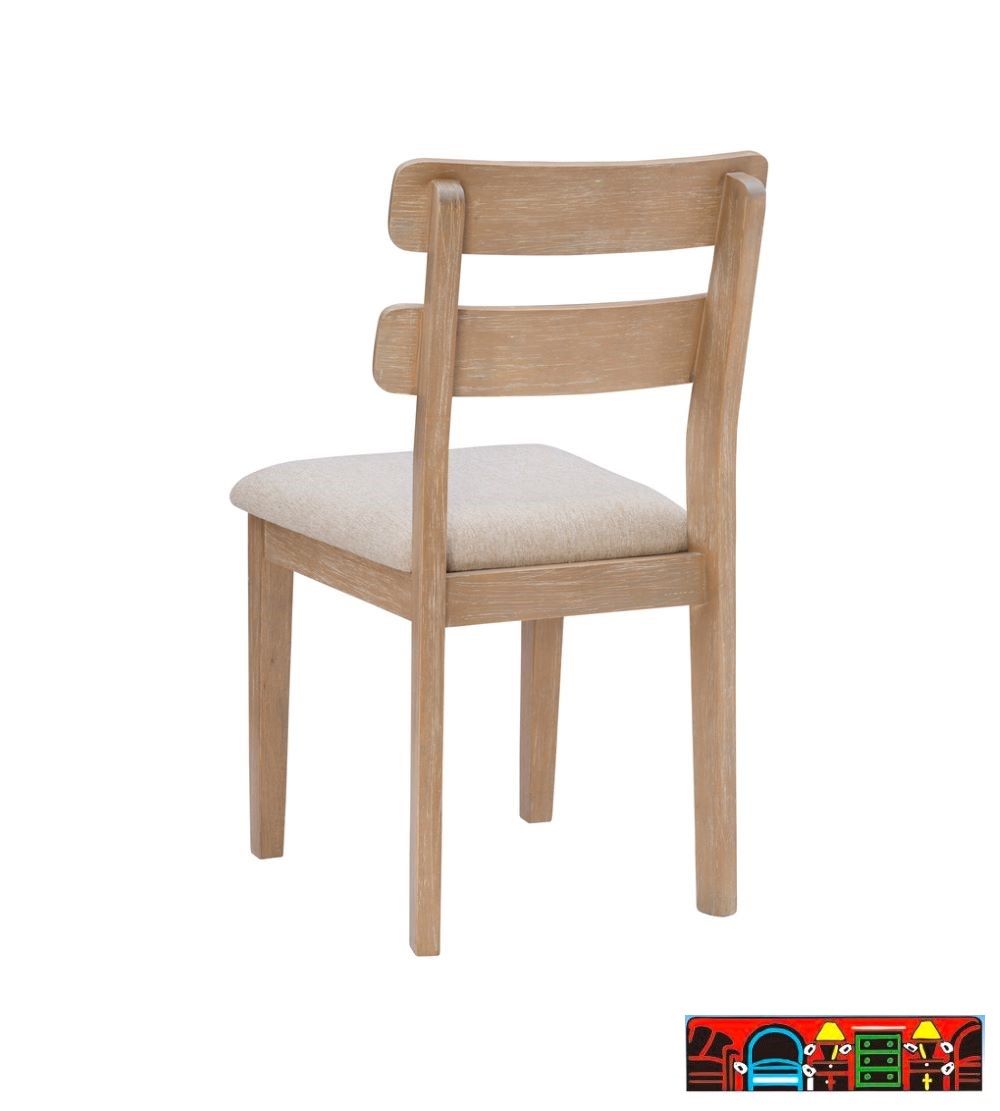The Daly dining side chairs made of wood in a natural color, complemented by beige seat cushions. It is available at Bratz-CFW in Fort Myers, FL. Back view.
