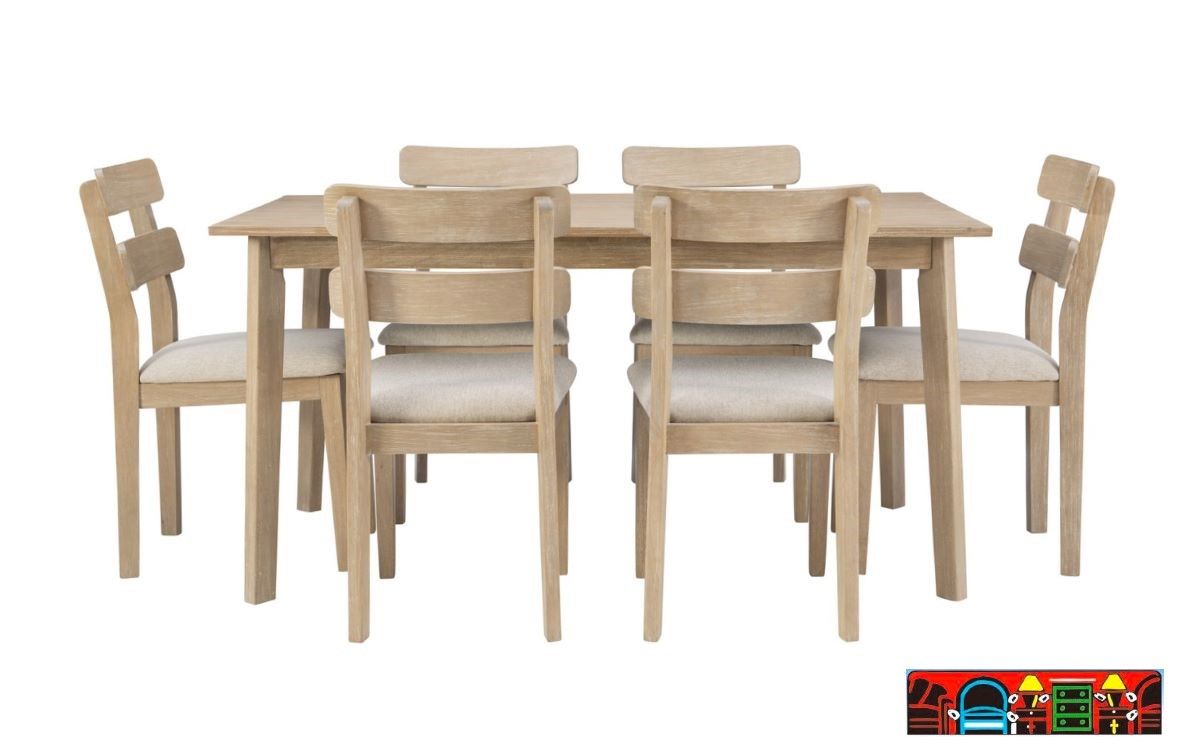 The Daly 7-piece dining set includes a rectangular table and six side chairs made of wood in a natural color, complemented by beige seat cushions. It is available at Bratz-CFW in Fort Myers, FL.