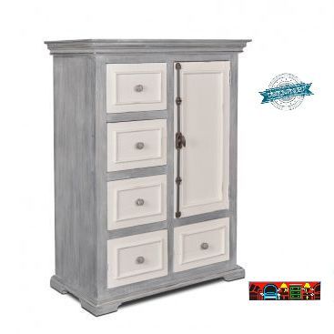Florence Chest with one door and five drawers, featuring a two-tone distressed finish in grey and white.