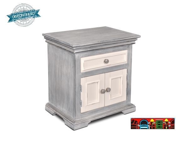 Florence Nightstand with one drawer and two doors, featuring a two-tone distressed finish in grey and white.