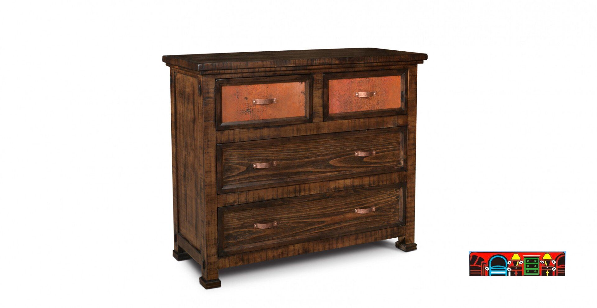 Copper Canyon four-drawer bedroom chest, crafted from solid wood in brown with copper accents.