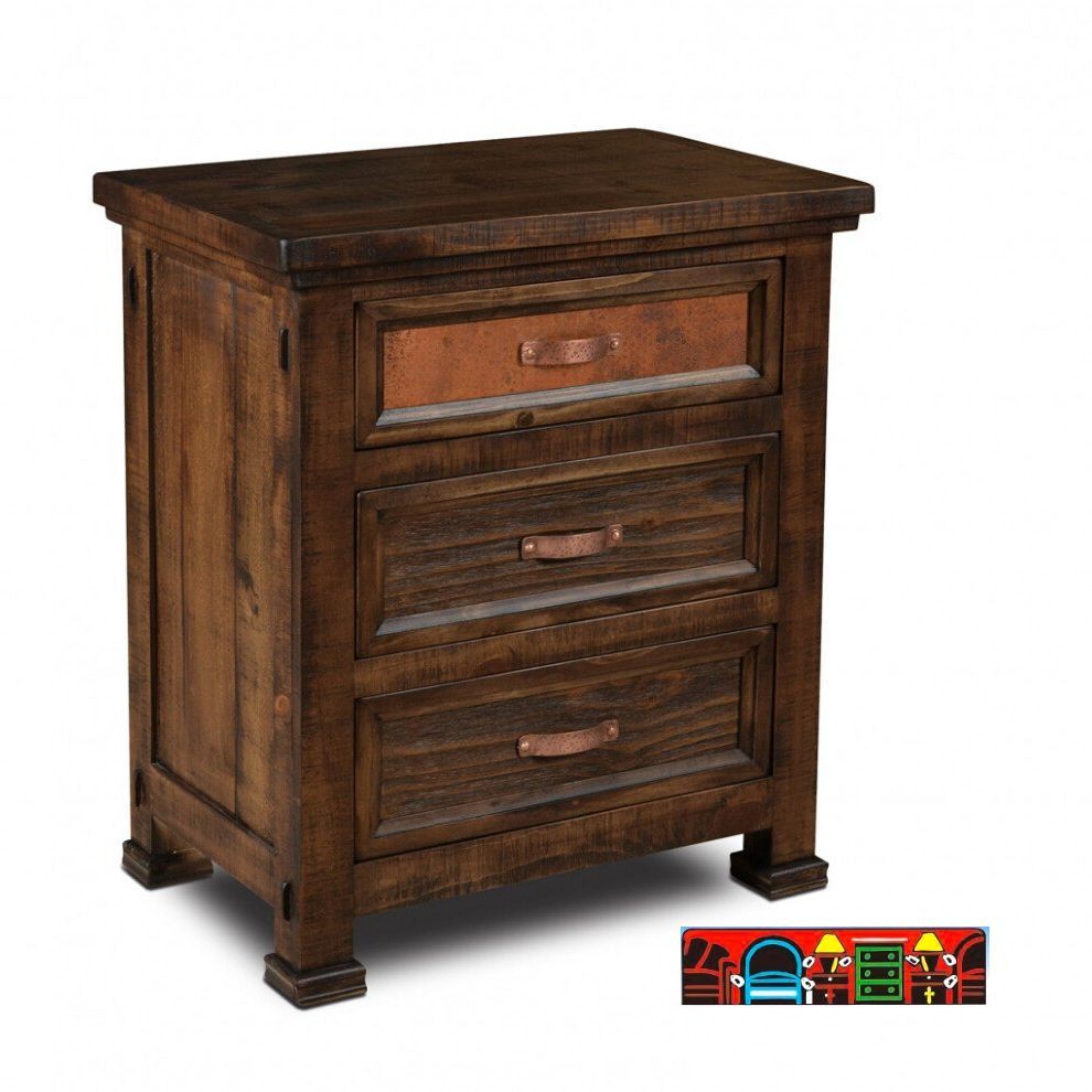 Copper Canyon three-drawer bedroom nightstand, crafted from solid wood in brown with copper accents.