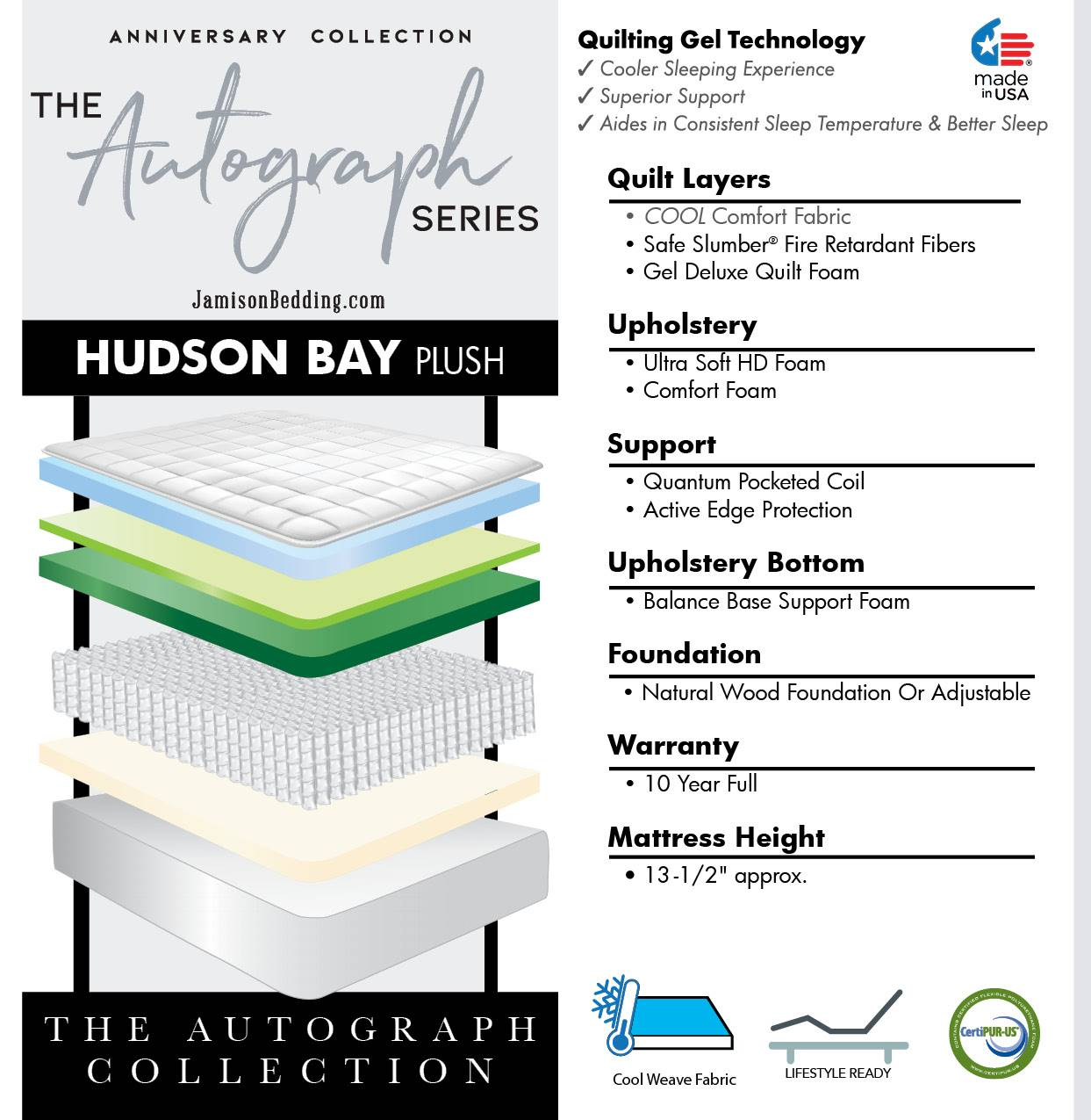 The Jamison Bedding Autograph Series Hudson Bay plush mattress is available at Bratz-CFW in Fort Myers, FL. Spec sheet.