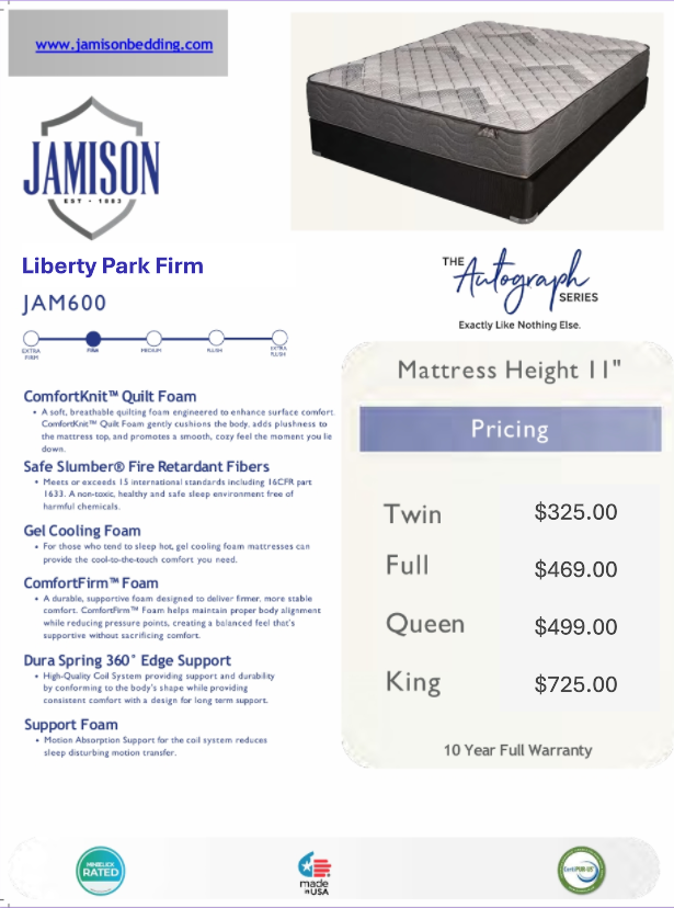 The Jamison Autograph Series Liberty Park firm mattress is available at Bratz-CFW in Fort Myers, FL.