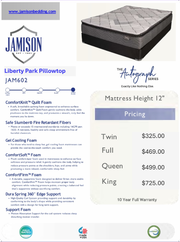 The Jamison Autograph Series Liberty Park pillow top mattress is available at Bratz-CFW in Fort Myers, FL.