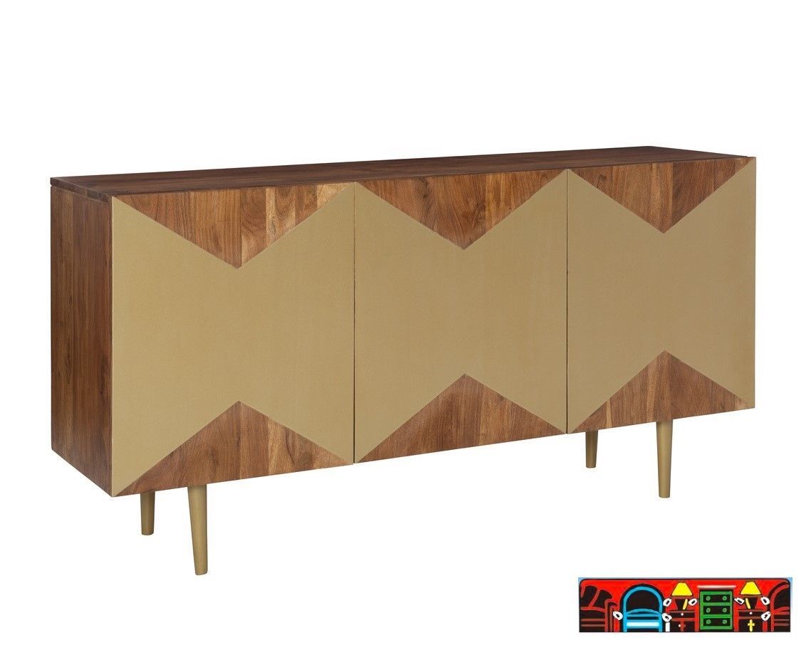 The Kali acacia wood console features a gold geometric pattern, a natural warm wood hue, and gold legs, available at Bratz-CFW in Fort Myers, FL.