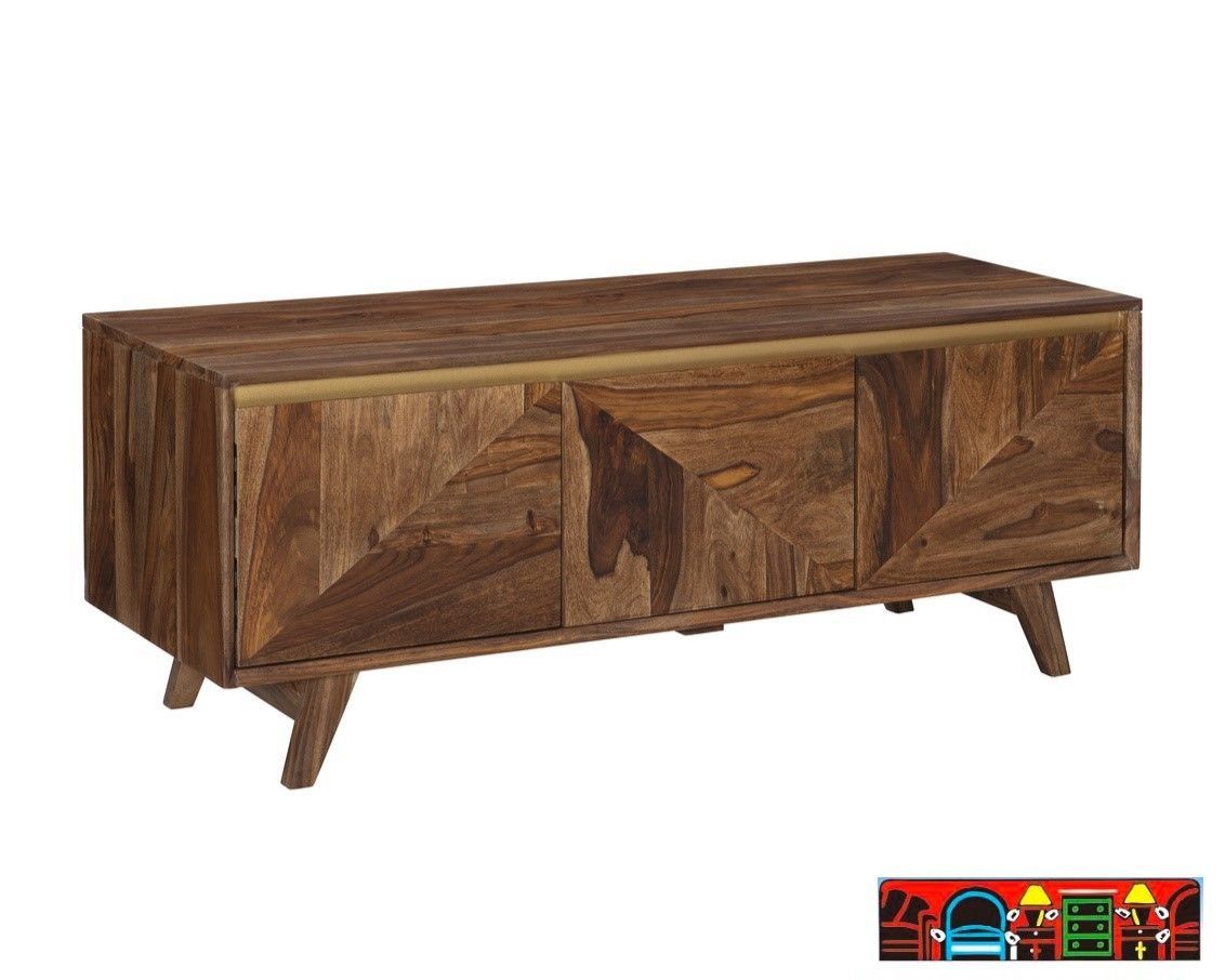 This low-profile console, crafted from Indian Rosewood with a natural color and gold accents, is available at Bratz-CFW in Fort Myers, FL.