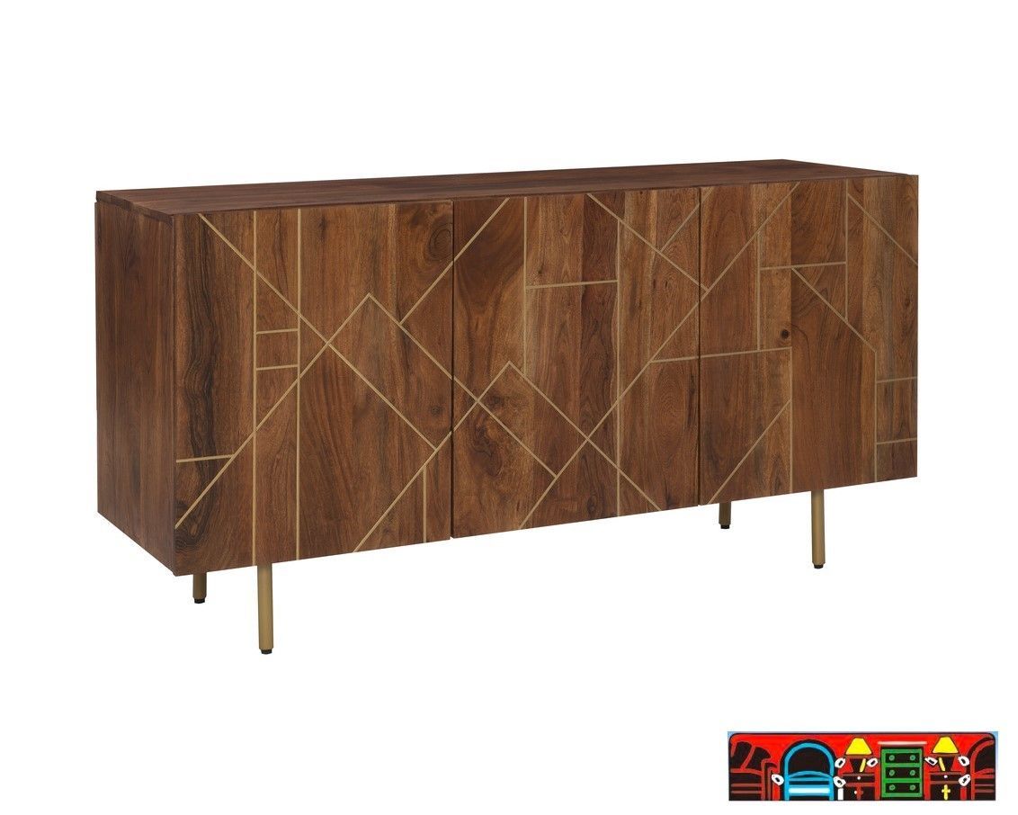 The Kiana Acacia wood console features three doors, a warm brown finish, gold geometric detailing, and gold legs. It is available at Bratz-CFW in Fort Myers, FL.
