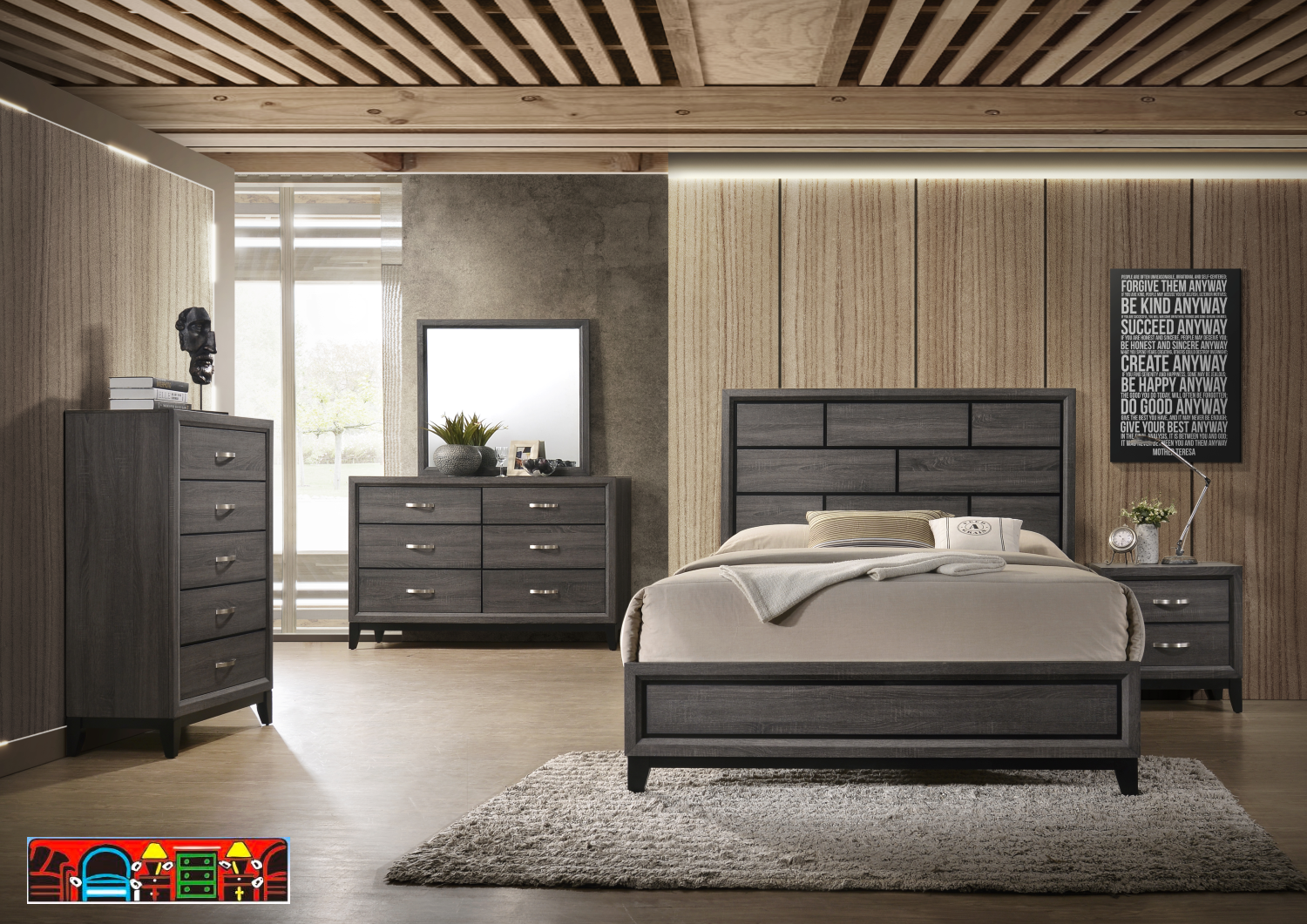 Eva bedroom set in grey wash with black accents and metal handles.