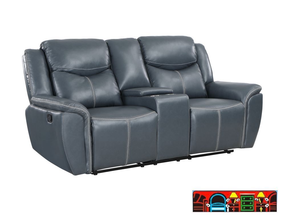 New Eric leather double reclining loveseat with console, in blue.