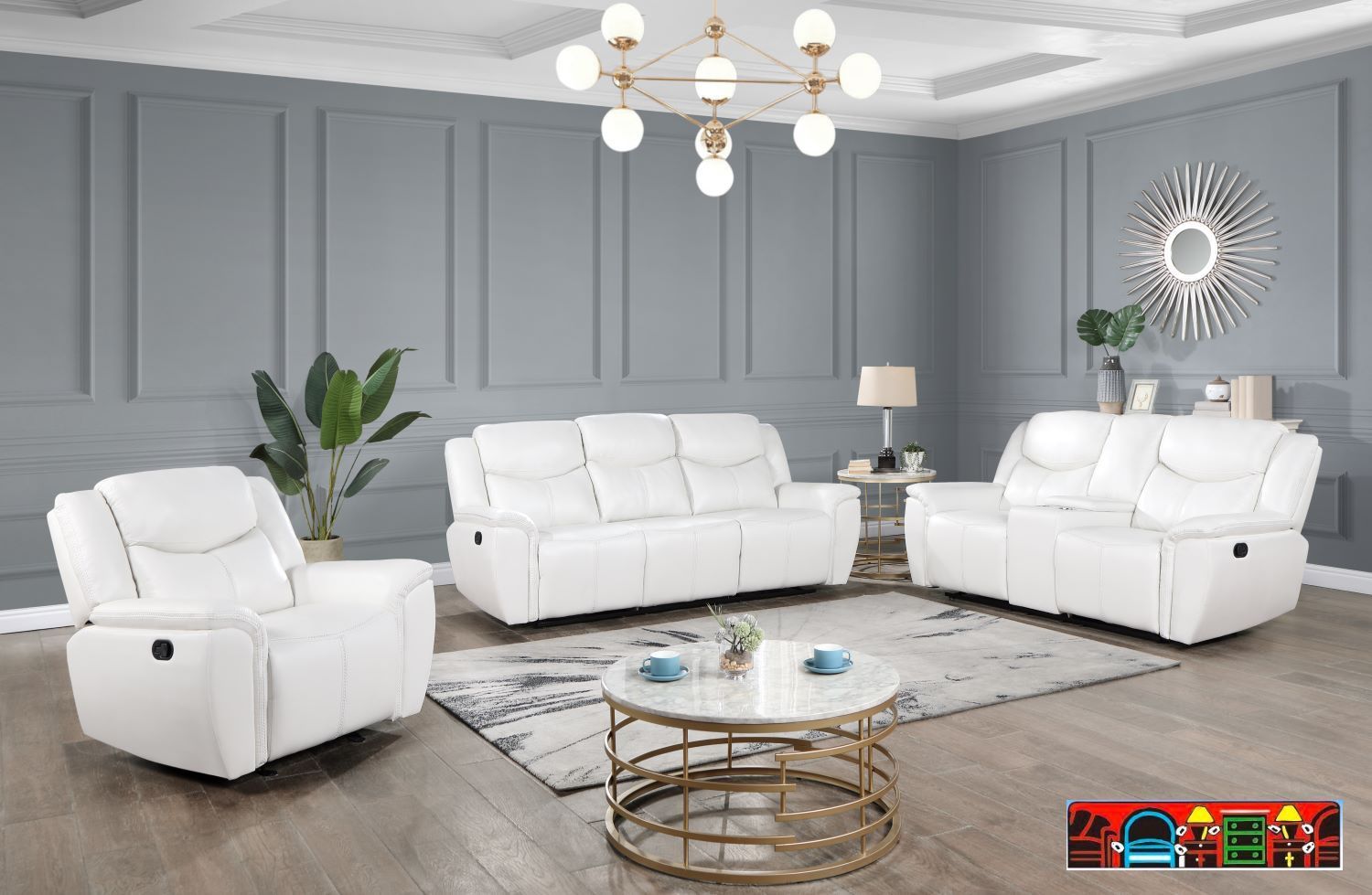 New Eric leather reclining sofa, loveseat, and rocker recliner in white.