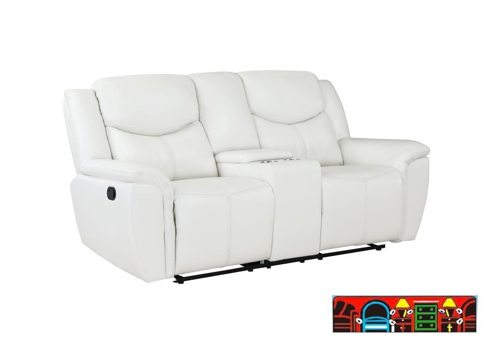 New Eric leather double reclining loveseat with console, in white.