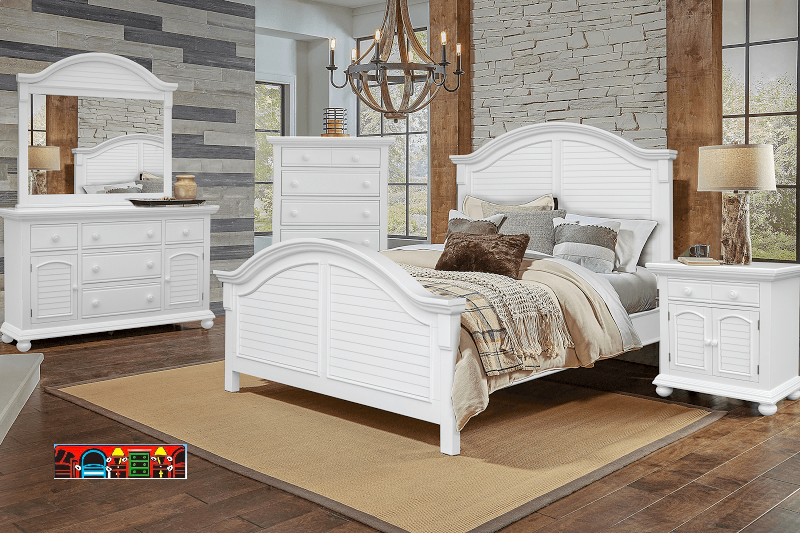 The Cape Cod bedroom group, featuring white wood with louver accents, is available for sale in Fort Myers, FL, at Bratz-CFW.