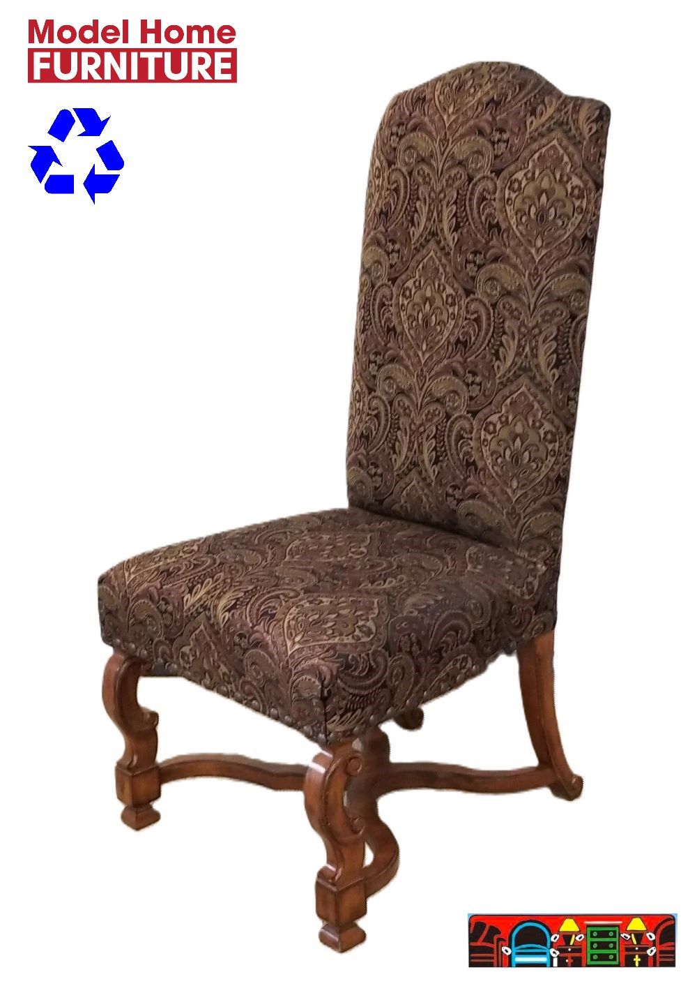 High-back side chair with paisley fabric and an exposed wood base is available at Bratz-CFW in Fort Myers, FL.