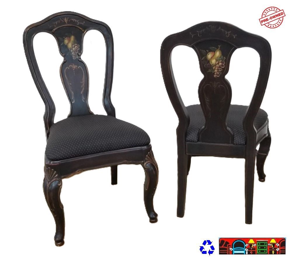 Pair of black hand painted wood accent side chairs with black upholstered seat cushions
